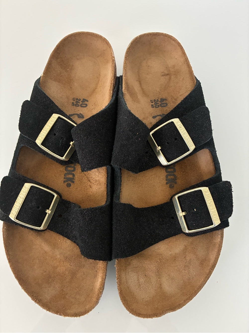Birkenstock Arizona Black Suede Slide Sandals Gold Hardware Size EU 40